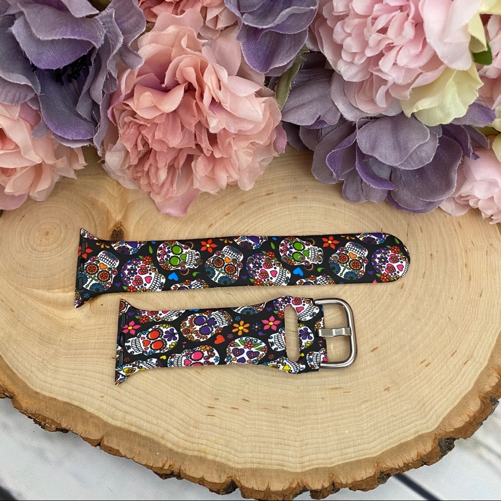 Colorful Day of the Dead Sugar Skull Silicone Watchband for Apple - Picture 6 of 13